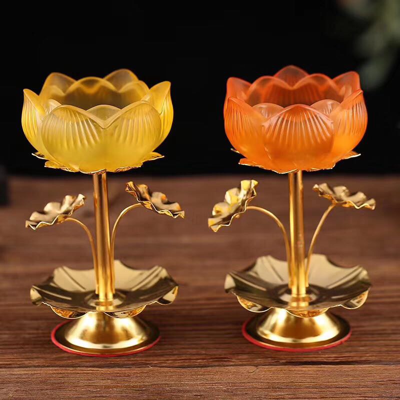 供具用品 佛前酥油灯架琉璃烛台供佛莲花底座小蜡烛灯架合金