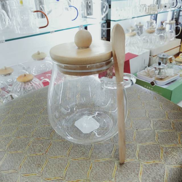 Small Glass Dispenser Bottle With Wooden Spoon Plug Lid Powder Kitchen Seasoning Bath Salt Tea Jar