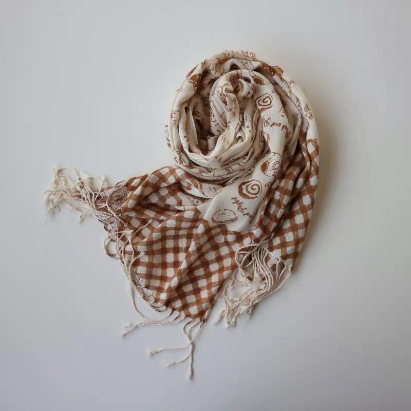 Autumn And Winter New Cotton And Linen Printed Color Matching Fringe Skin-Friendly Scarf
