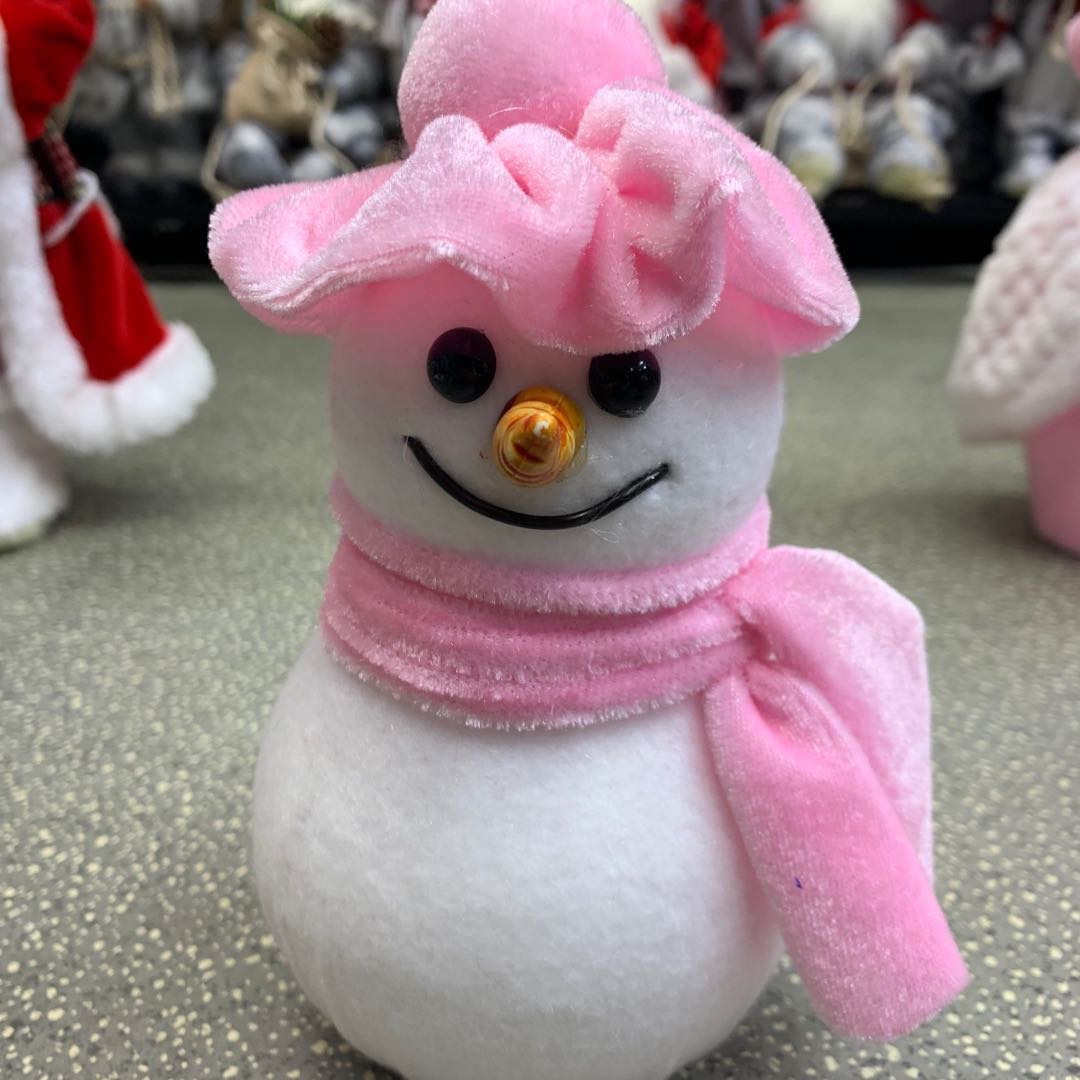 Christmas presents: A fluffy pink hat snowman tabletop thumbnail