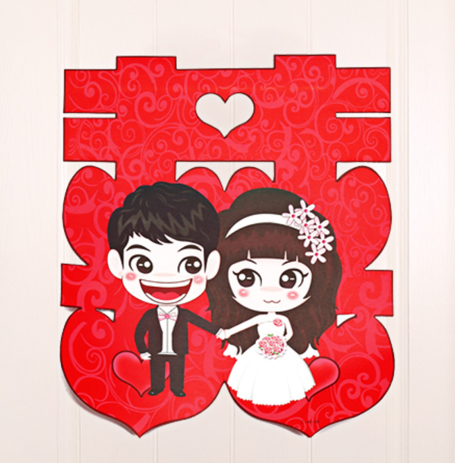 立体烫金植绒高档纸双喜喜帖结婚喜字立体挂件婚庆婚礼布置婚房装饰卡通11702