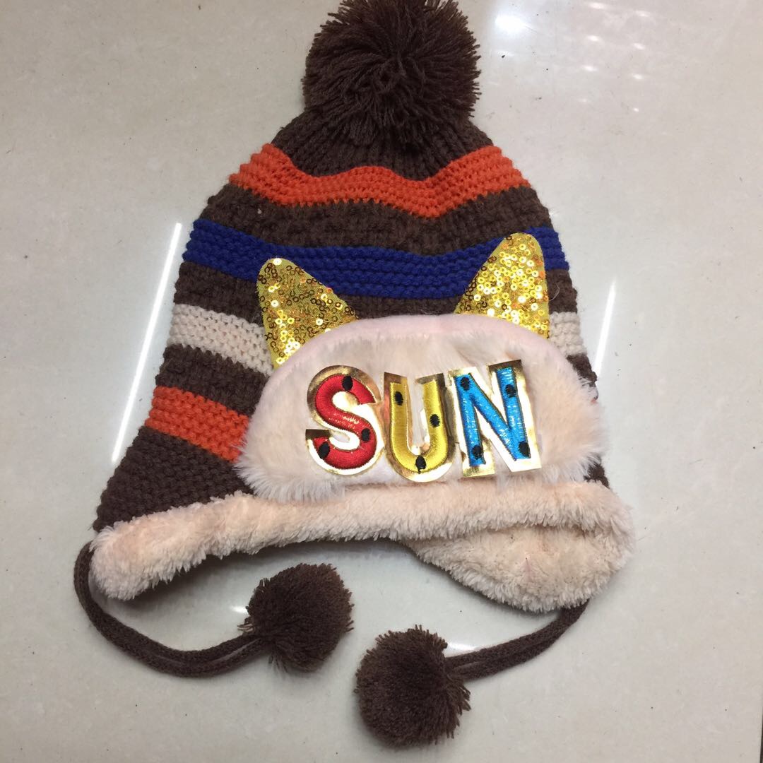 毛球条纹多彩针织帽儿童加绒秋冬毛线帽