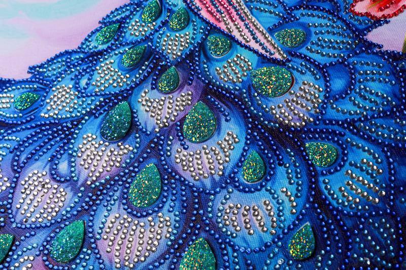 The large living room is fully tiled with peacocks. The small items are all handmade Specification image