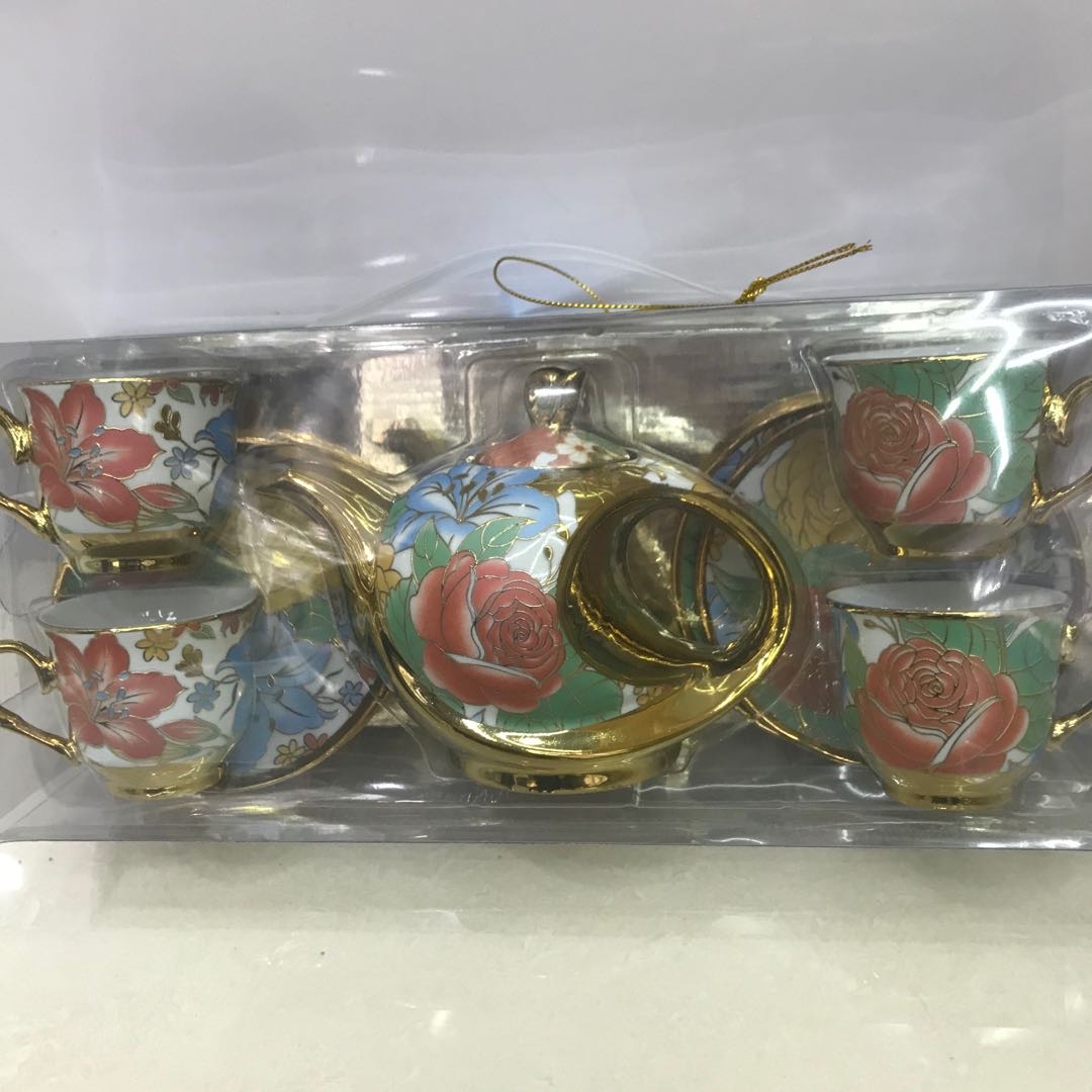 9pcs陶瓷咖啡镀金杯碟花面多样清装混装