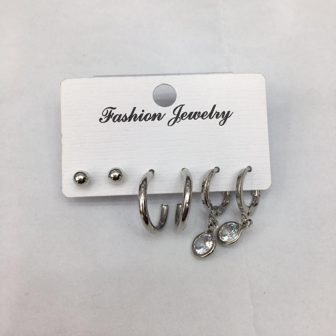 街拍同款经典时尚环形铜镀银锆石镶嵌成人耳钉套装