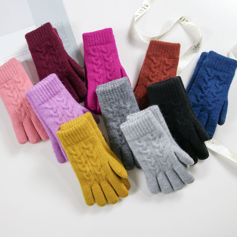 防滑触屏手套女冬季针织保暖手套女毛线防寒加厚骑行手套