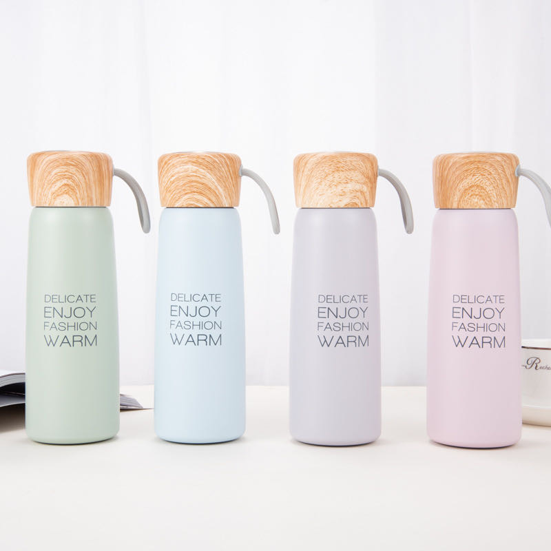 2日系木纹创意小清新水杯便携带提绳不锈钢学生保温杯