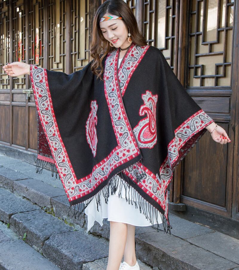 Women's Fashion Trend Casual Ethnic Style Warm Open Akimbo Fruit Flower Tassel Shawl Specification drawing