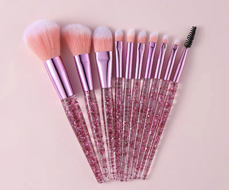 10 pieces of flowing sand crystal makeup set brush, pu wrapped with sequin handle, new product, fiber bristle purple-red aluminum tube makeup tool details Picture