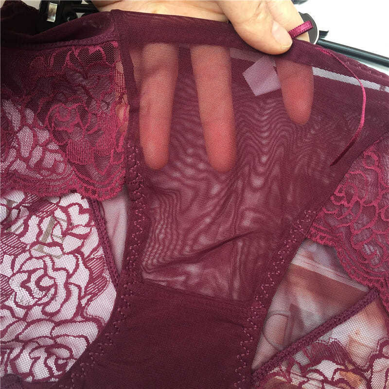 酒红色超薄中腰女士内裤透明网纱性感蕾丝时尚透明紫红色无痕裤头细节图