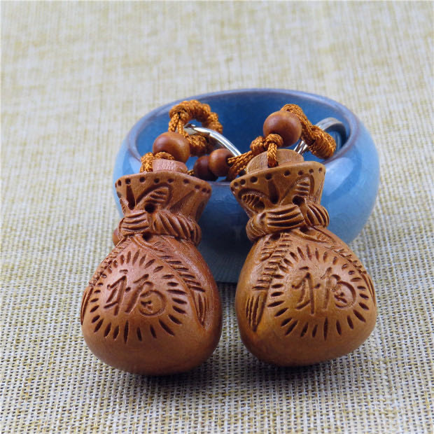 Carved Peachwood Keychain Money Bag Fortune Bag Money Pocket Car Key Hanging Jewelry Creative Small Gifts details Picture