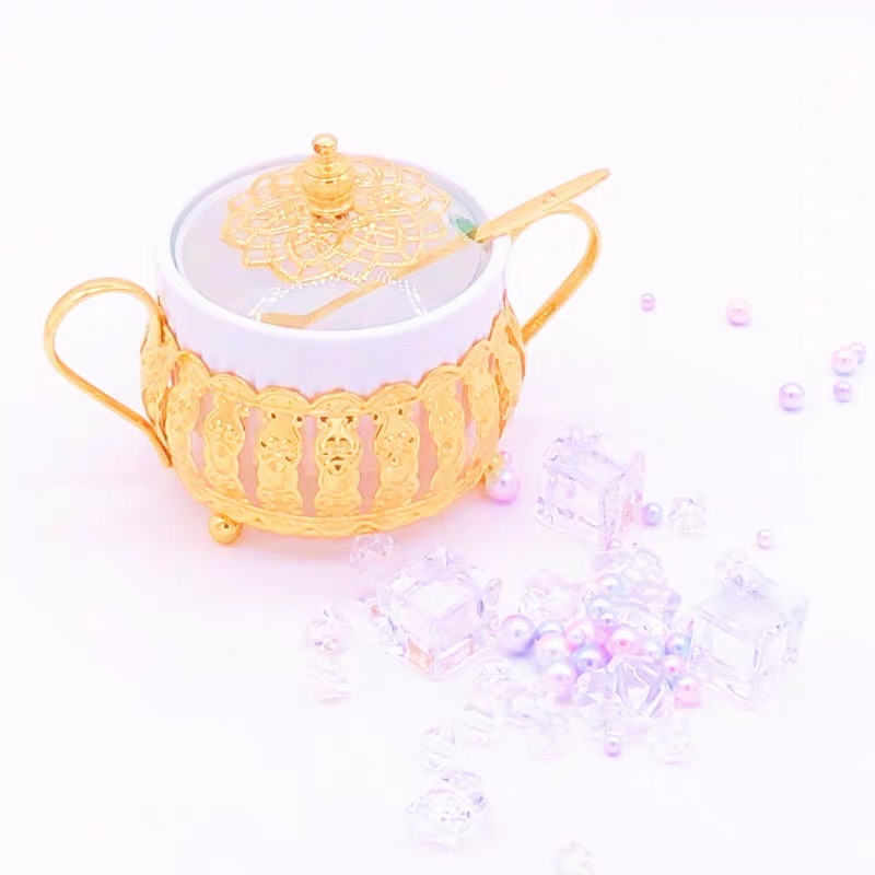 欧式浮雕燕窝碗描金双耳碗糖水甜品碗金色碗陶瓷带盖盅银耳碗汤产品图