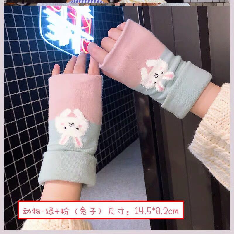 韩版可爱手套骑行半指女冬运动露指学生写字条纹针织双层保暖手套图