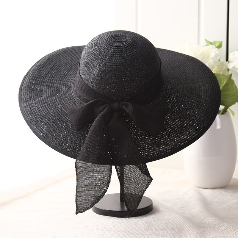 Summer Women's Sun Hat Travel Sunblock Large Beach Hat Outdoor Sunshade Straw Hat Small Fragrance Black Streamer 1 Specification drawing