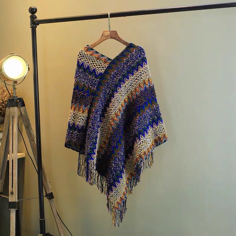 Autumn And Winter New Mid-Length Cape Shawl Sweater Coat Retro National Romantic Sue Pullover Cape