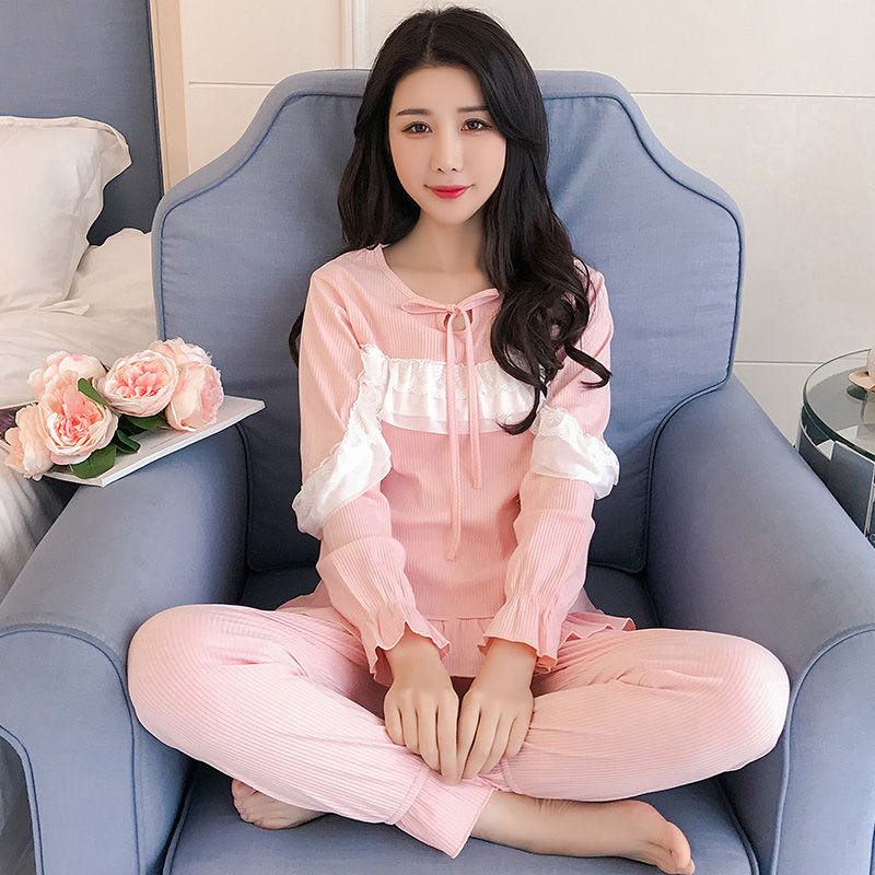 Pajama Woman Cotton Spring And Autumn Long Sleeves Sweet And Lovely Korean Lace Lace Princess Style Autumn Home Dress Set