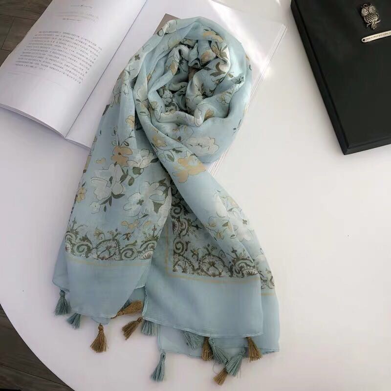 Ladies Fashion Casual Spring And Autumn New Thin Gray Blue Printed Silk Scarf Scarf