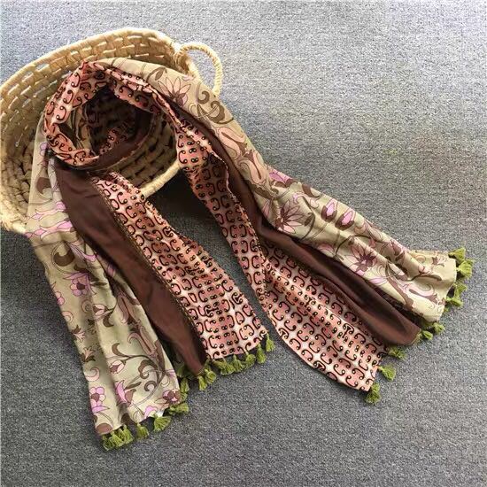 Color Contrast Patchwork Cotton Spring And Autumn Rectangular Shawl Scarf For Women With Fringe