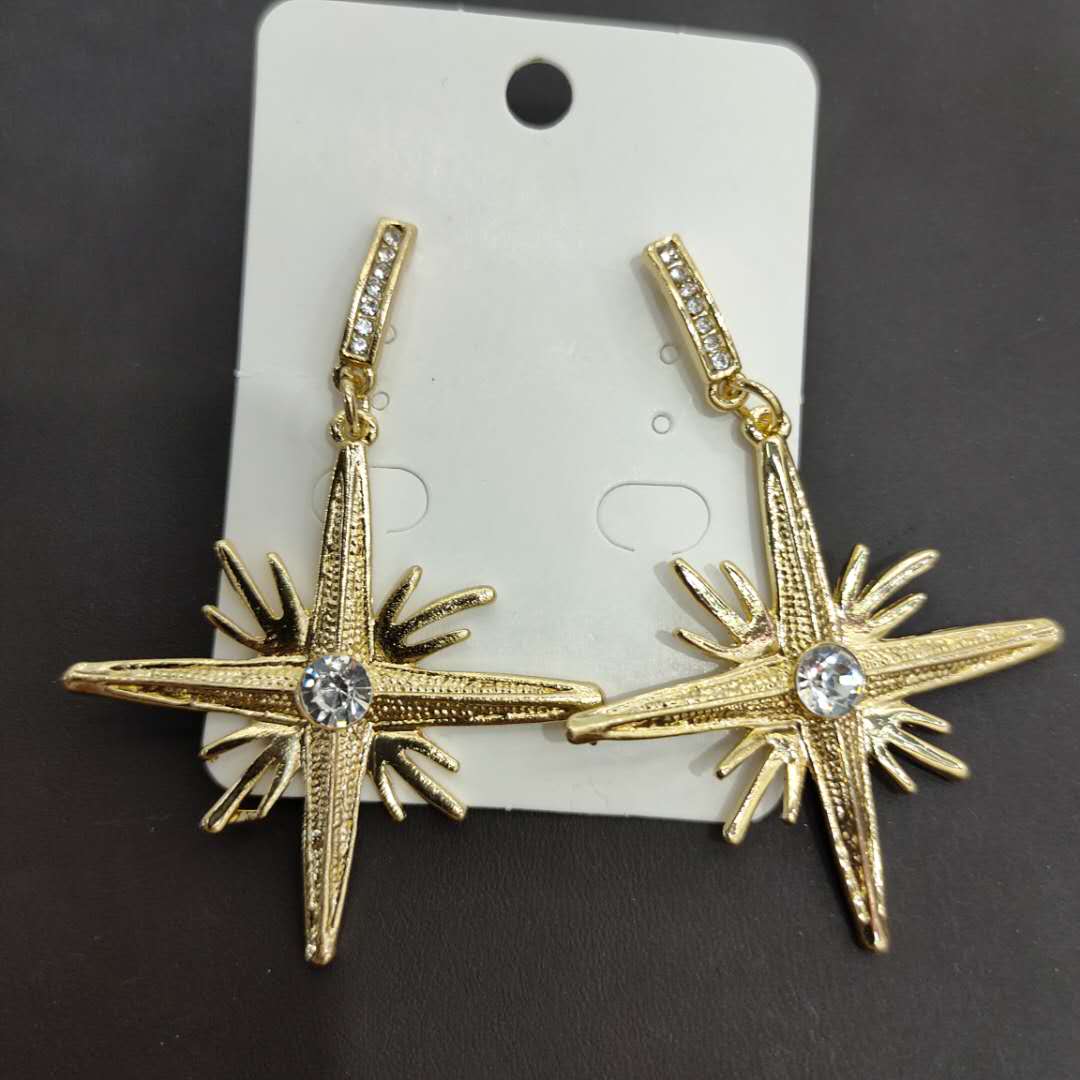 欧美复古时尚金色十字镶钻合金宝石坠子女气质耳饰