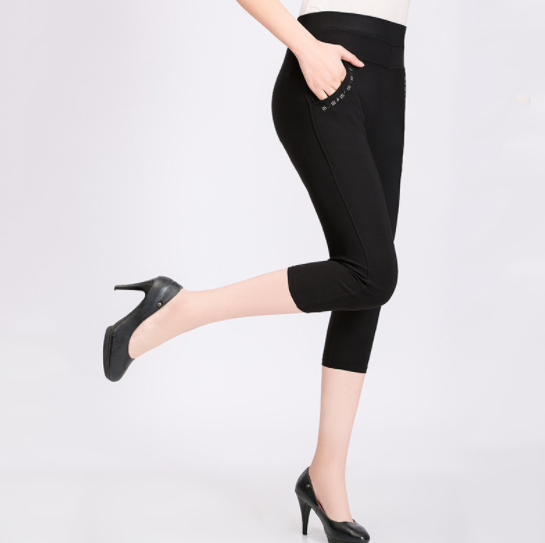 2019新款中老年休闲裤女裤袋口烫钻七分裤夏季大码女裤子 多色多码