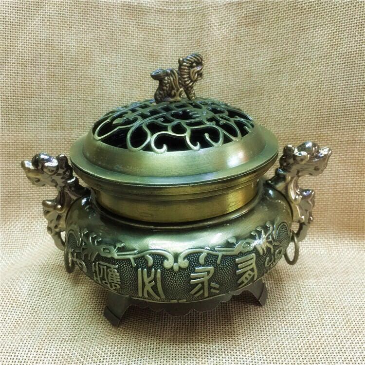 Antique alloy covered sandalwood incense burner with double dragon incense burner details Picture