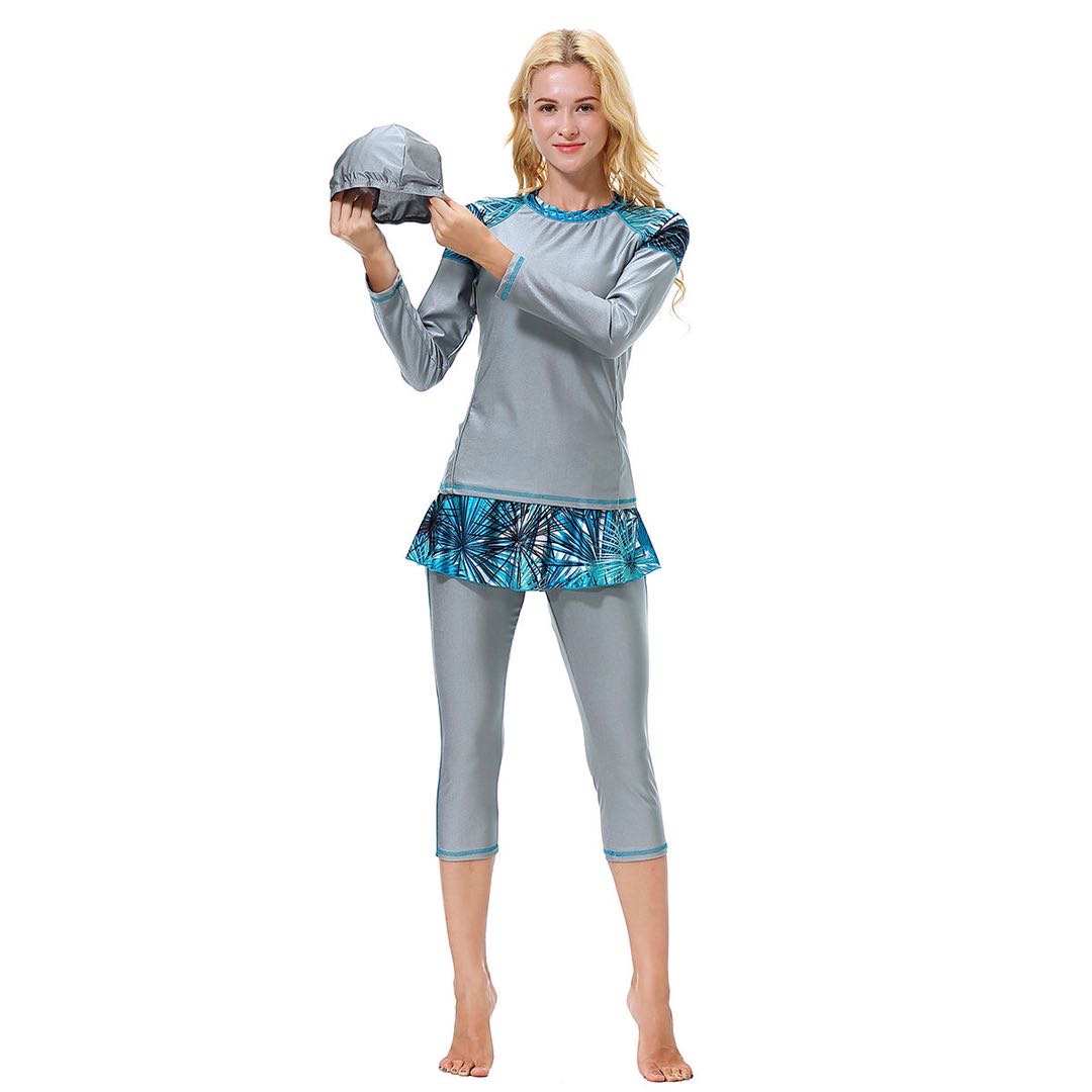 Muslim Women Hui Conservative Swimsuit Long Sleeve Capri Pants With Printed Swimsuit
