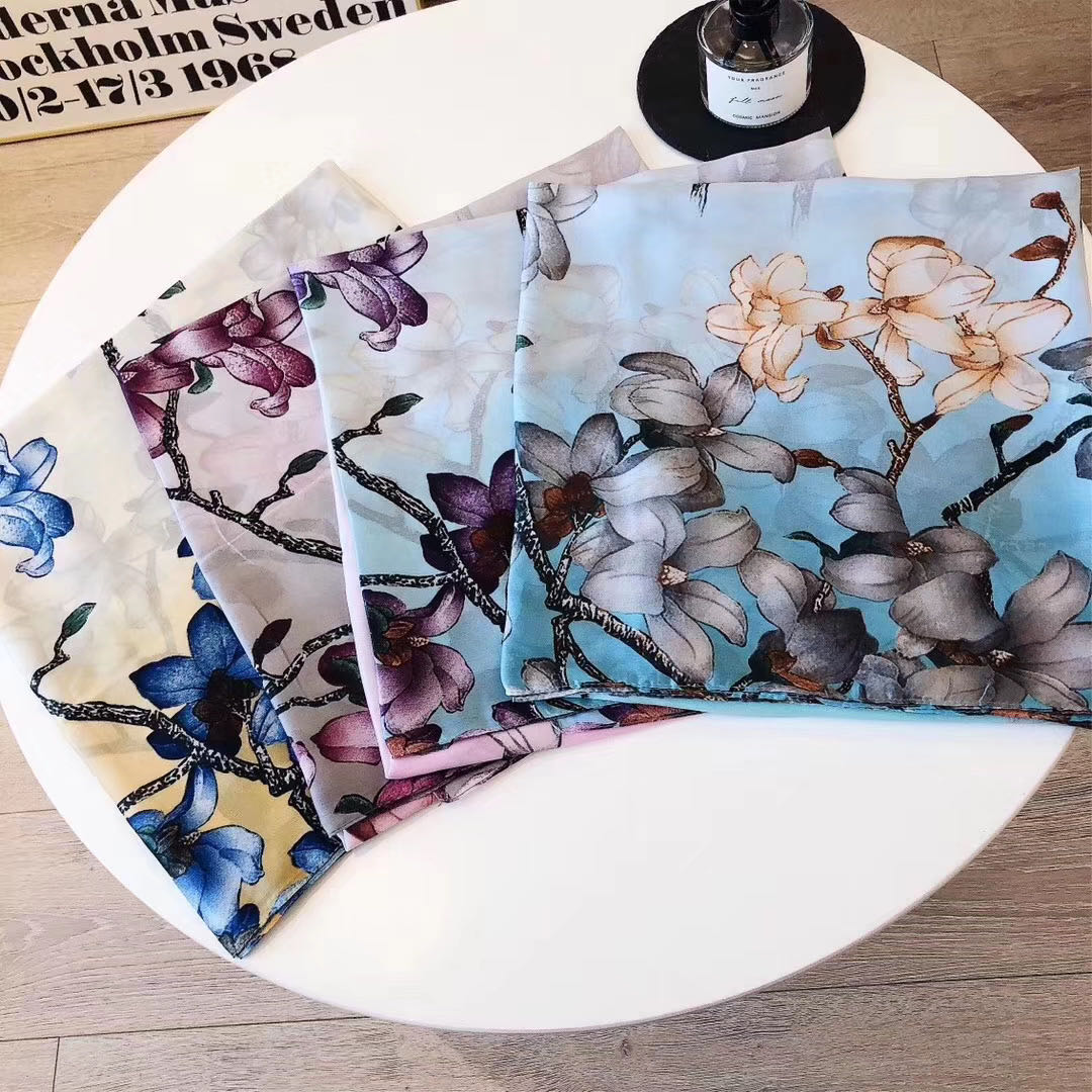 A new silk satin scarf with lilies for women's fashion trends in spring and autumn