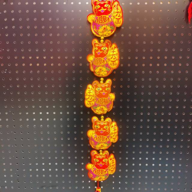 Five Blessings Fortune Cat Pendant 5 strings of velvet printed fancy tassels for good fortune
