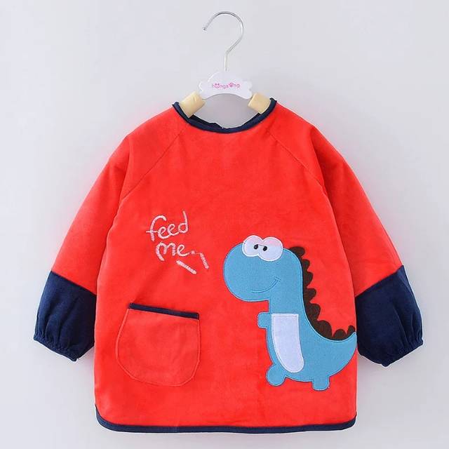 宝宝吃饭罩衣加厚水晶绒儿童围裙秋冬长袖防水男童围兜婴儿吃饭衣