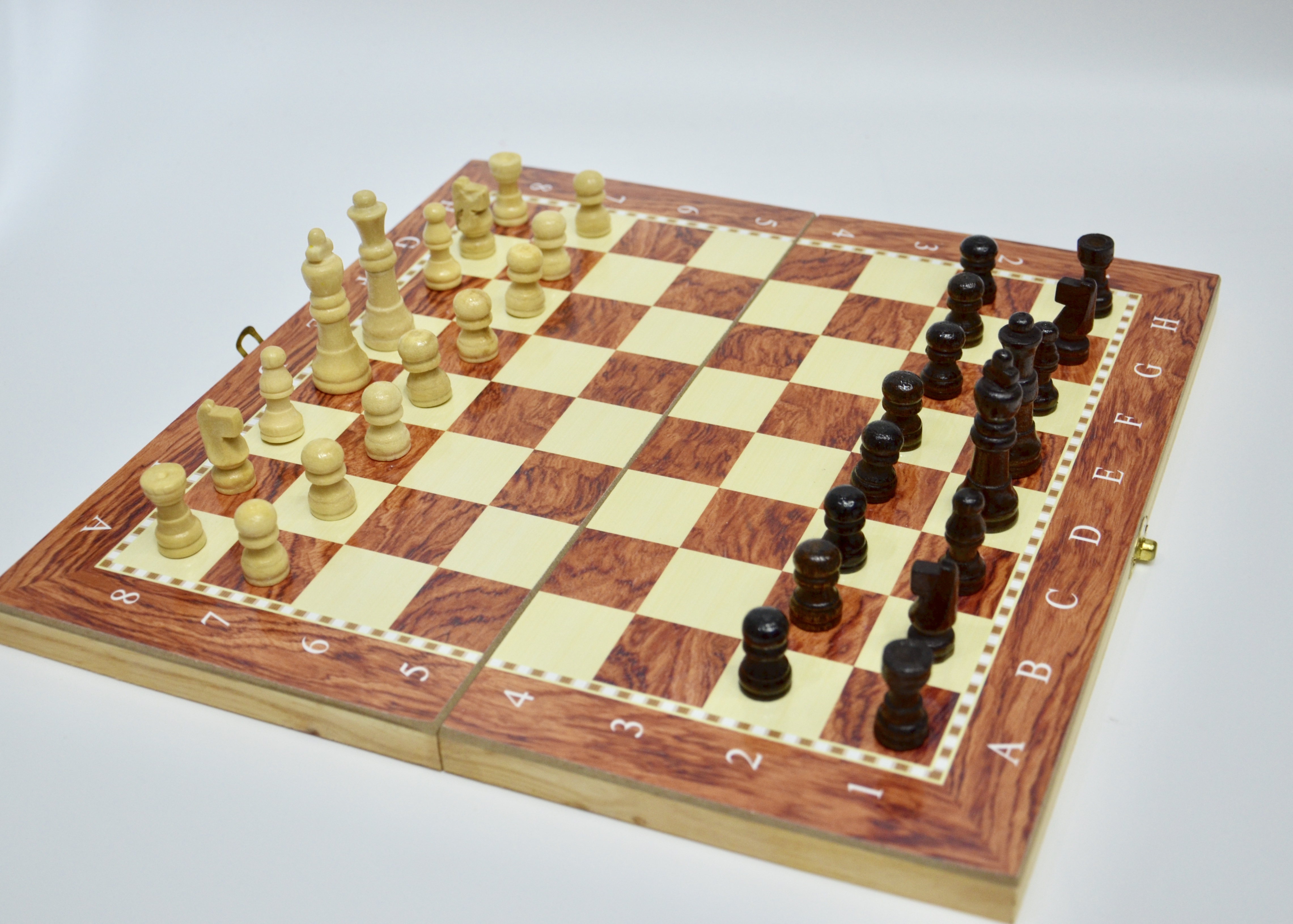 Three-in-one wooden chess set in natural wood color