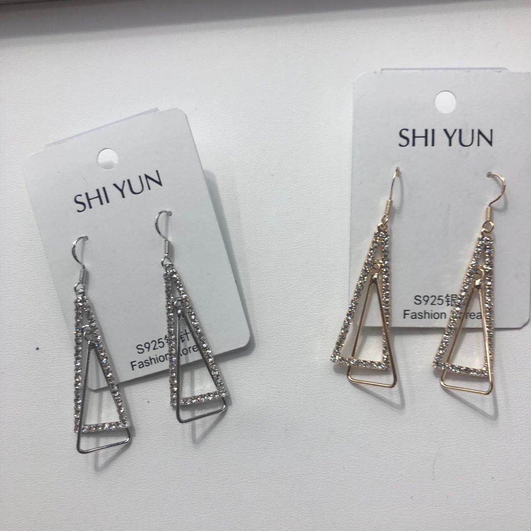 韩版大气三角长款流苏耳钉水钻超闪气质款耳环