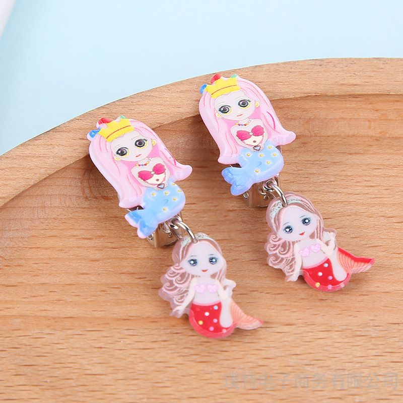 New Creative Children's Ear Clips Cartoon Pierced Princess Girls Tassel Earrings Girls Decorative Earrings details Picture