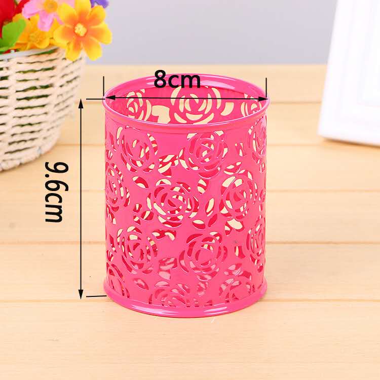 文具收纳笔筒镂空玫瑰绣花金属圆形笔筒产品图