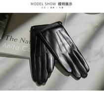 Winter locomotive touch goatskin leather gloves women's thin model plus fleece windproof thermal literature new