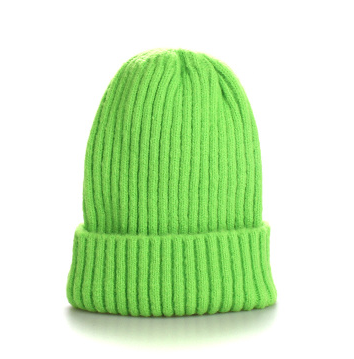 Fluorescent Green Candy Color Knit Hat worn in urban setting