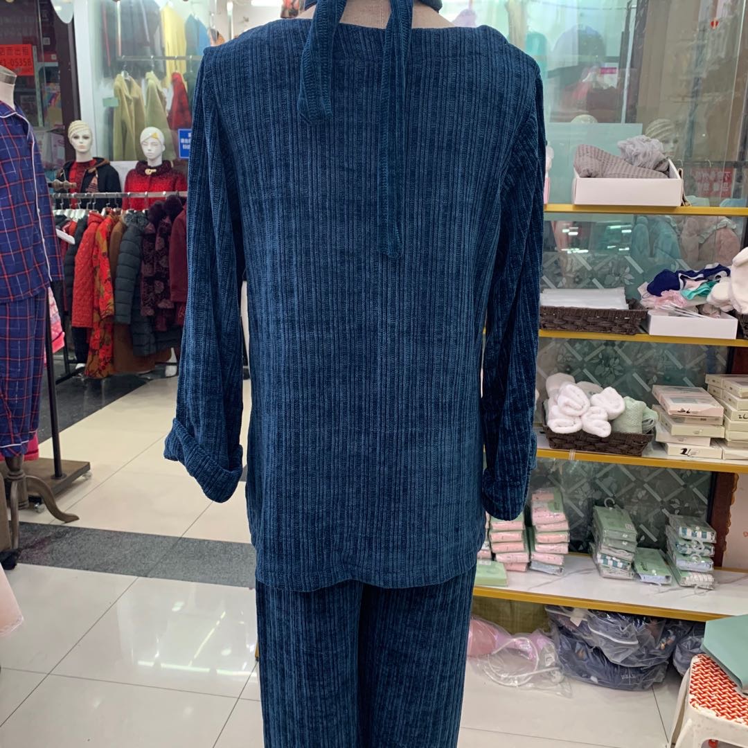 2020 Spring and Autumn Women's home wear blue long-sleeved shirt, long pants, headband, comfortable and soft pajama set Specification image