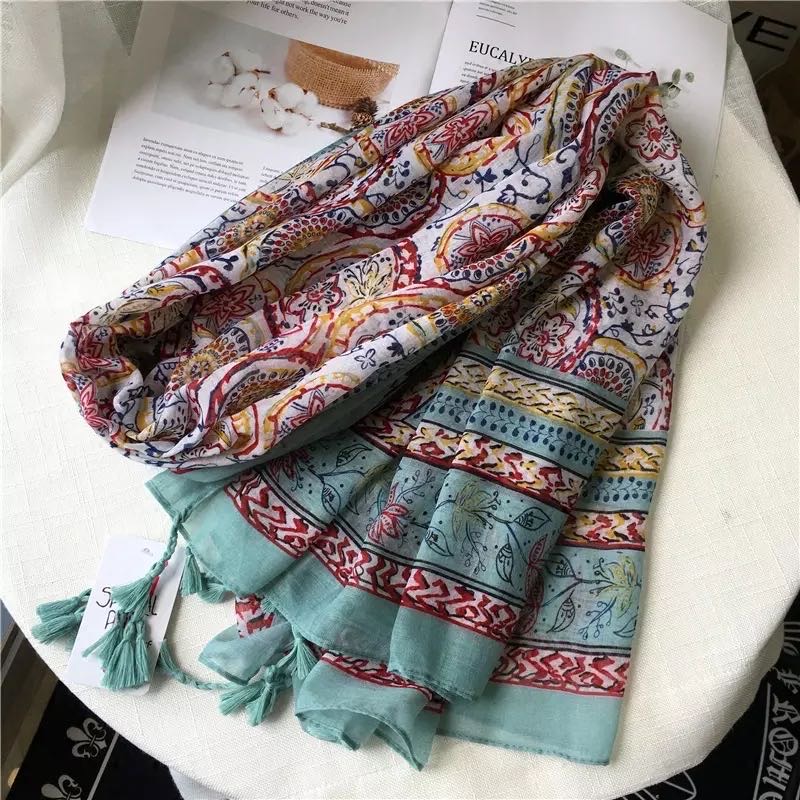 National Style Vintage Printed Scarf Long Silk Scarf Temperament Lady details Picture