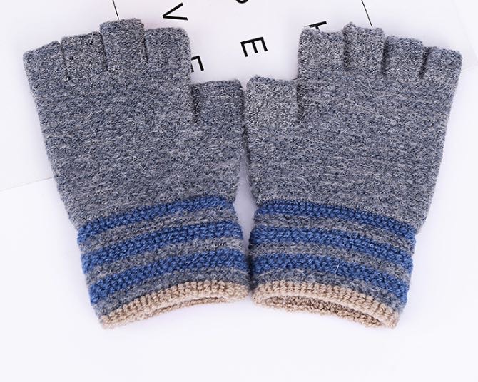 冬季男女蓝灰针织半指保暖手套 韩版毛线加绒手套