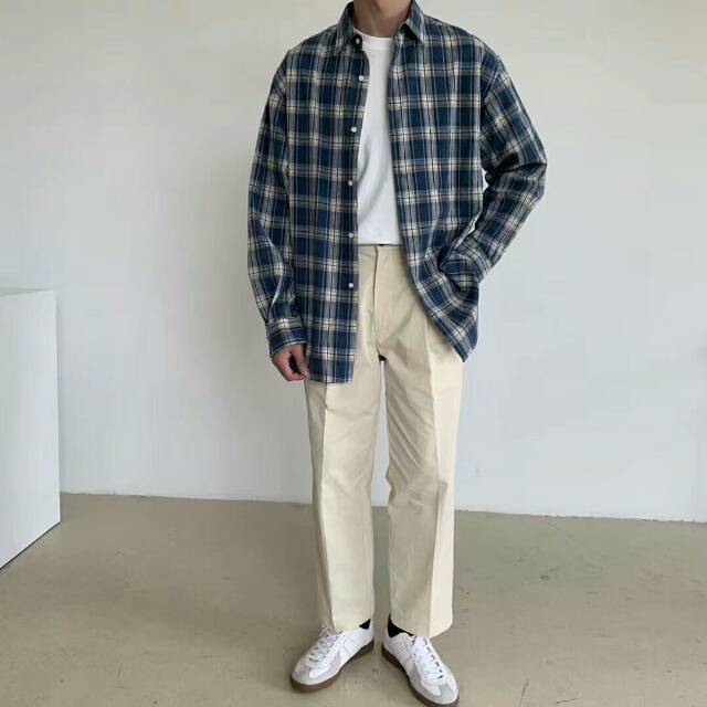 New summer men's long-sleeved fashionable checked shirt