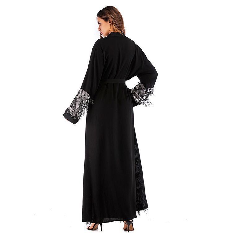 穆斯林中东阿拉伯长袍开衫印尼礼拜服回族开斋节黑色长裙产品图