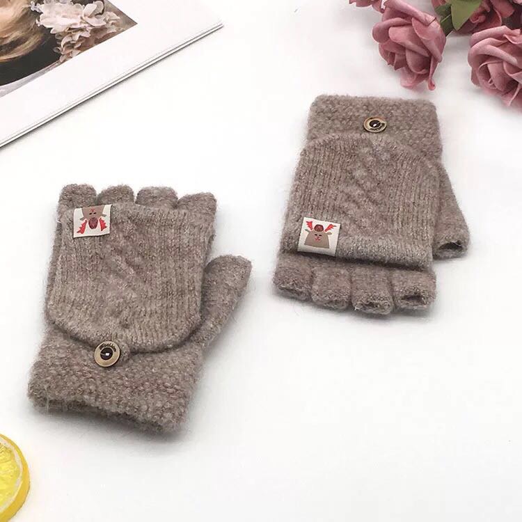 手套女冬季保暖可爱韩版学生卡通针织毛线提花翻盖半指两用手套图