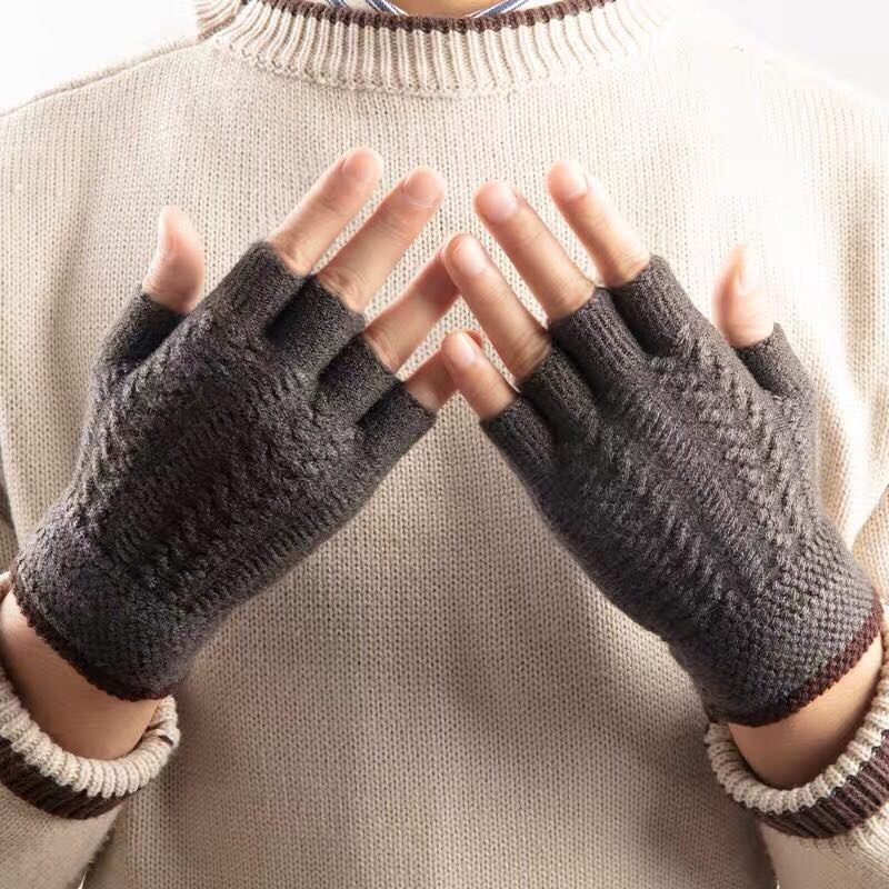 针织毛线学生写字露指手套女冬天五指秋冬季韩版男士半指弹力保暖咖啡