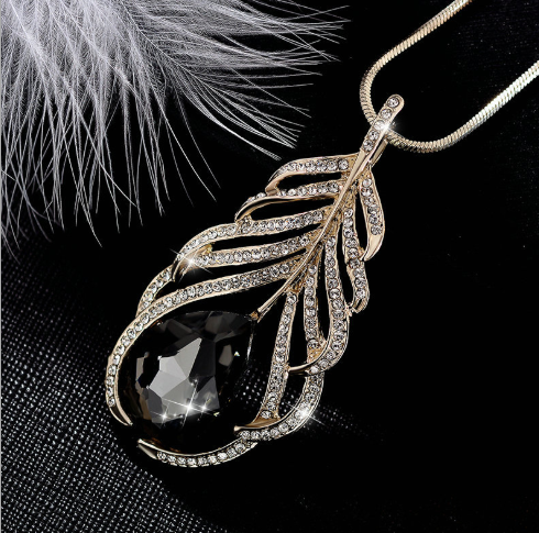 羽毛项链跨境热卖满钻树叶毛衣链百搭长款服饰女