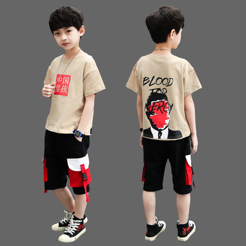 新款韩版儿童洋气男孩休闲短袖帅气两件套潮图