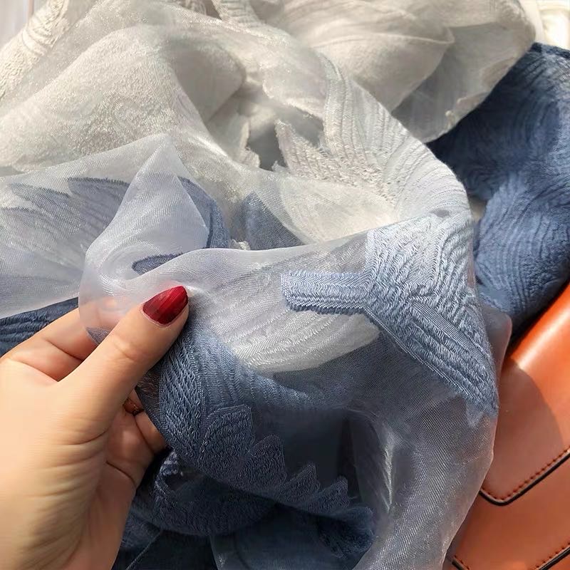 Fashionable, versatile, casual and elegant silk scarf in blue with flowers, long Korean style Specification image