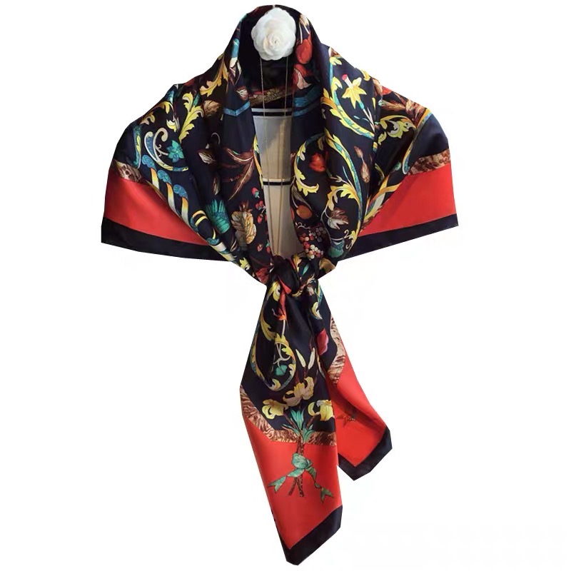 Floral Print Scarf Silk Scarf Small Square Temperament Black
