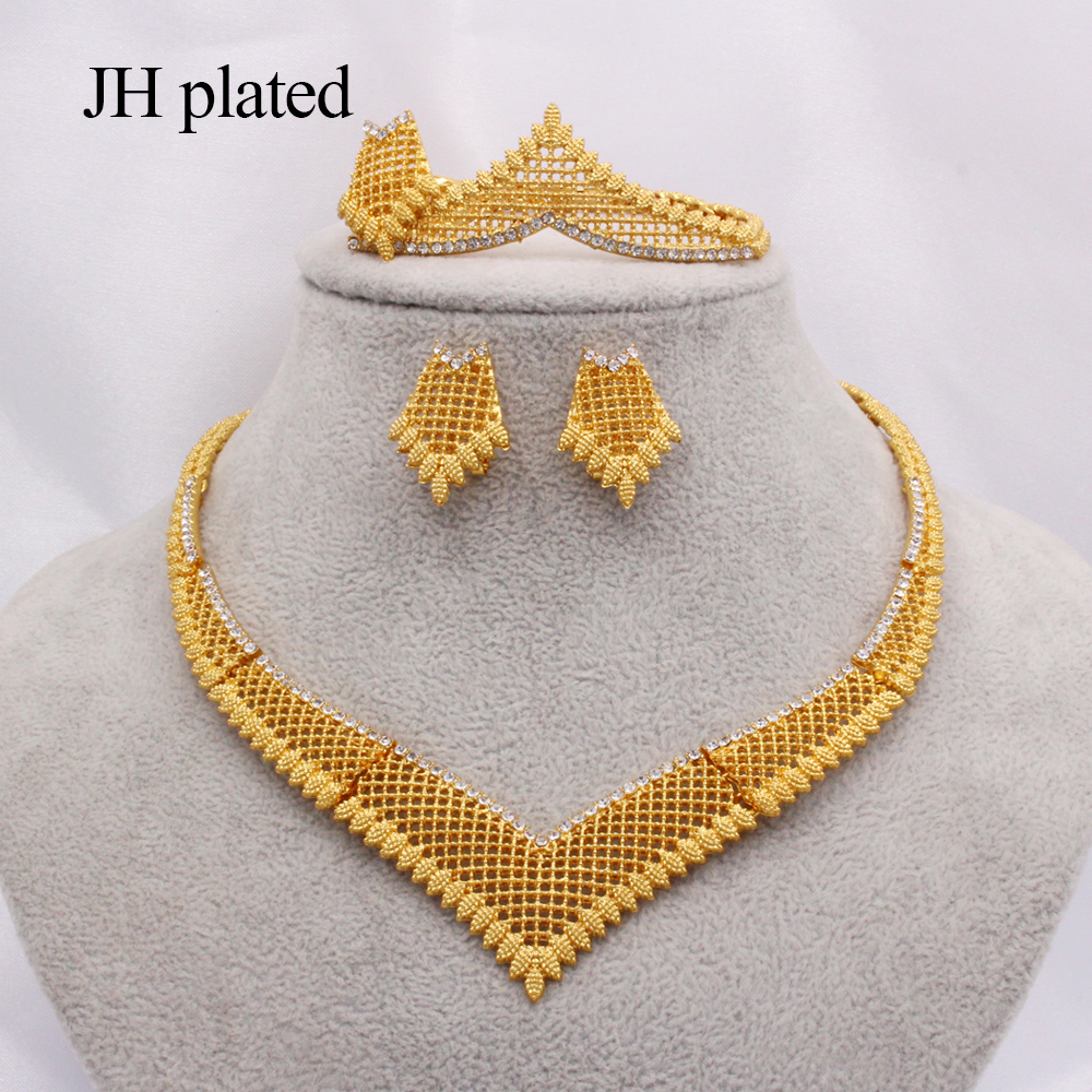 新款镶钻首饰套装耳环项链四件套热销镀金饰品JHplate