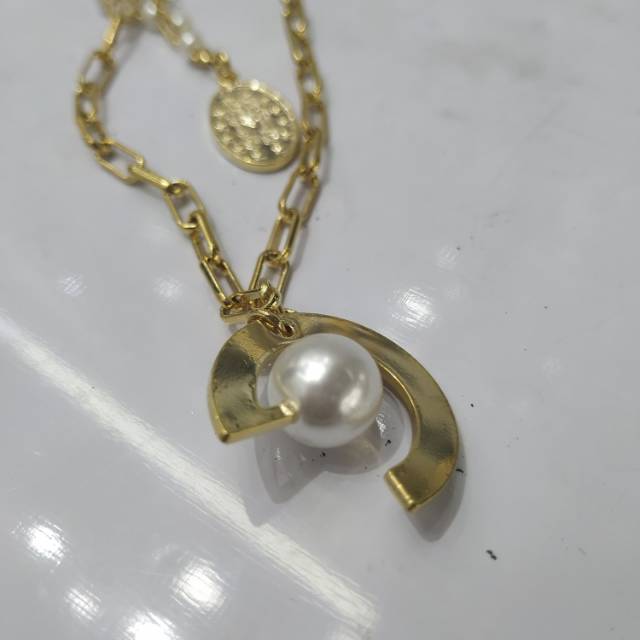 厂家直销铜质镀金色大颗玻璃仿珍珠双层项链饰品细节图