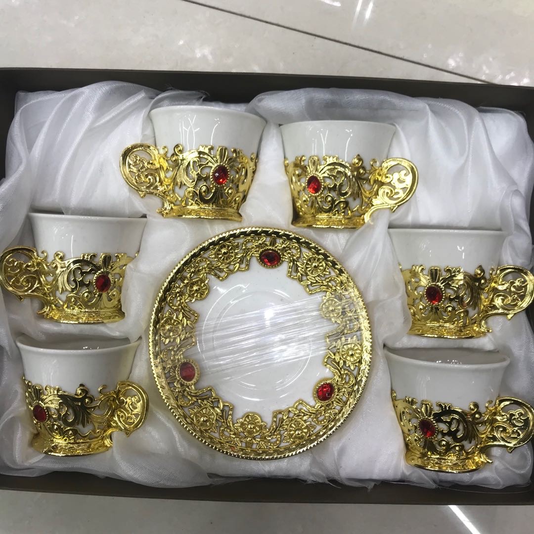 高档贴钻仿合金咖啡杯碟6杯6碟工艺盒包装