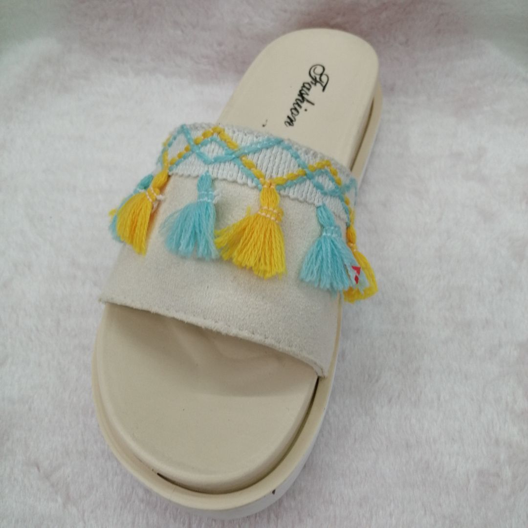 Woolen Tassel Cloth Shoe Head With Waterproof Table Slippers New Summer One Word Fashion Sandals Burst Female Drag details Picture